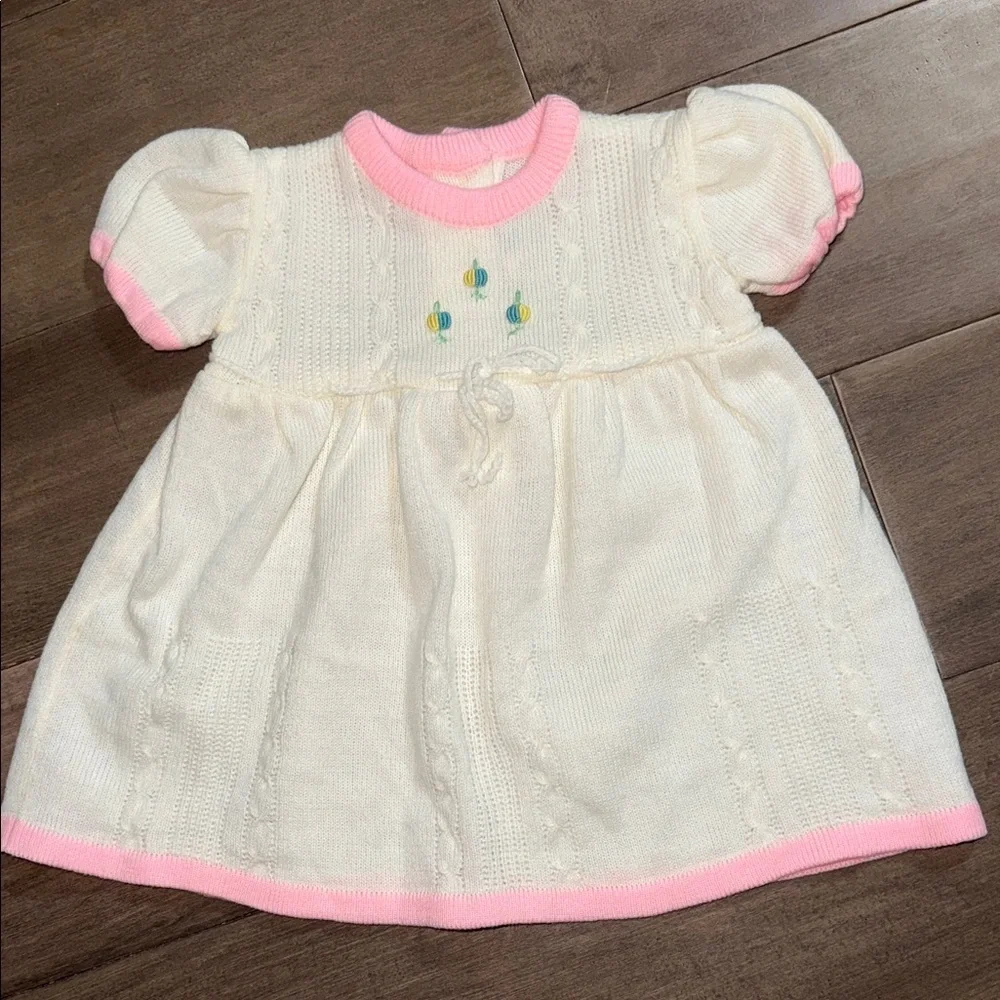 VTG Cradle Knit Baby Dress Cream & Pink Pointelle Knit w/ Floral Embroidery 9M